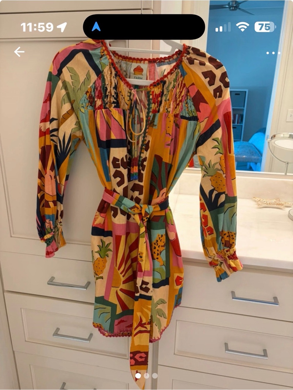 FARM Rio Multicolor Pineapple & Abstract Print Long Sleeve Dress